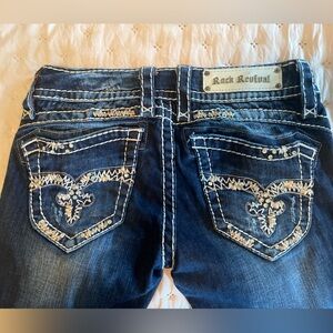 Rock Revival “Amy” bootcut, low rise zip fly jeans, size 28, 32” inseam